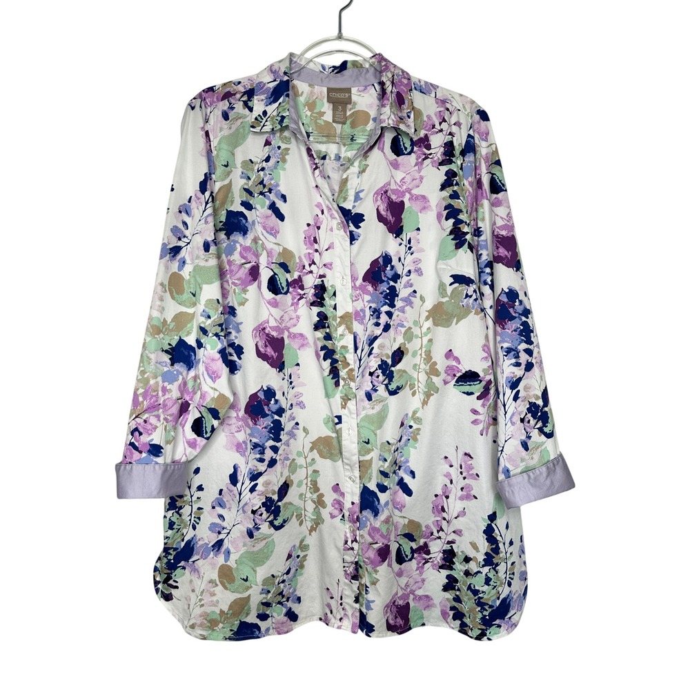 Chicos Button Down Tunic Shirt Size XL 3 White Purple Floral Long Sleeve Stretch